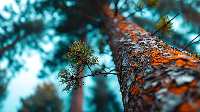 Looking up at a tall pine tree trunk in a forest with tall trees forest canopy nature scene