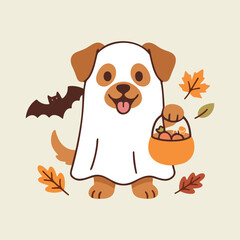 Fototapeta premium Cute Halloween Ghost Dog With Pumpkin Basket Autumn Leaves Vector Design