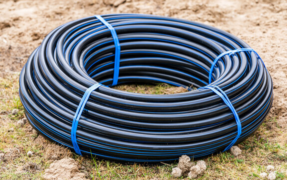 Coiled black polyethylene pipes for water supply, irrigation systems sit on ground. Bundled with blue plastic straps, ready for construction project use.
