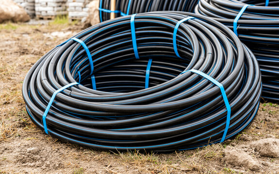 Coiled black polyethylene pipes for water supply, irrigation systems sit on ground. Bundled with blue plastic straps, ready for construction project use.