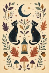 Obraz premium Mystical vintage autumn poster with black cats, moon, lantern, mushrooms