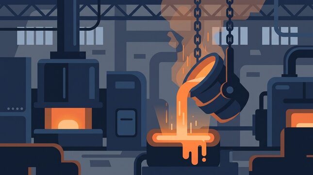 Cartoon steel foundry with molten metal pouring from ladle