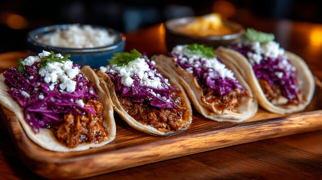Four assorted street style tacos with meat and red cabbage on a wooden serving platter