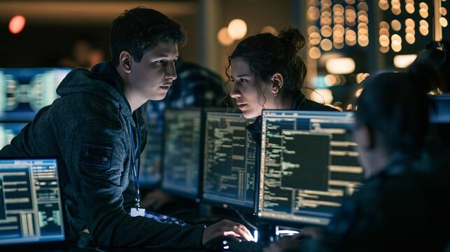 Young software developers working together in dark tech office lit by computer screens
