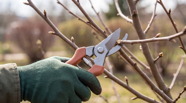 Close-up of a gloved hand using pruning shears to cut a woody branch outdoors in a garden.