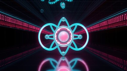 Fototapeta premium Futuristic tunnel displays glowing atom symbol. Pink, teal colors dominate dark space. Reflections create symmetrical visual effect.