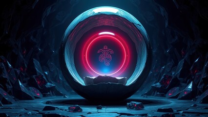 Fototapeta premium Futuristic portal glows intensely. Dark cavern surrounds circular structure. Red light emanates from central symbol. Dramatic lighting creates depth.