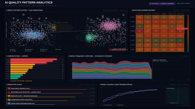 Explore a sophisticated dark-mode AI quality analytics dashboard showcasing defect patterns, high-risk production batches, and predictive alerts in a data-driven environment.