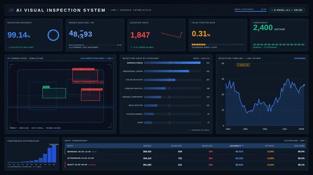 Explore an advanced AI defect detection dashboard showcasing real-time visual inspection accuracy, rejected products, and performance metrics in a sleek dark mode design.