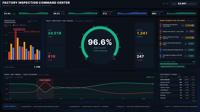 Explore a dark-mode factory inspection dashboard displaying pass/fail rates, defects, and corrective actions with engaging animated visual elements and real-time metrics.