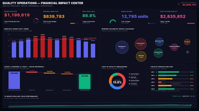 Premium 4K dark mode quality operations dashboard showing scrap cost, rework volume, and yield performance with animated KPIs, charts, and financial impact data for executive monitoring.