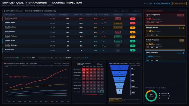 Explore a dark-mode supplier quality management dashboard showcasing incoming inspection metrics, defect rates, and corrective actions for enhanced enterprise analytics.