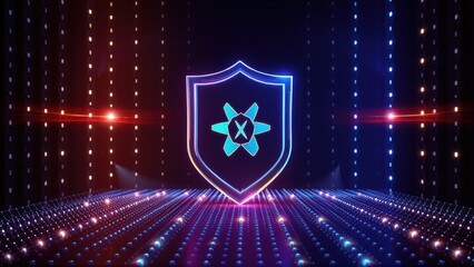 Fototapeta premium Futuristic shield icon glows amidst digital tunnel. Red, blue lights create dramatic, tech aesthetic. Data streams converge toward center.