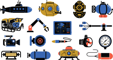 Advanced oceanic subsea technology gear including robotic lander sonar screen probe flashlight manipulator arm propulsion capsule hydrophone © MDNUR
