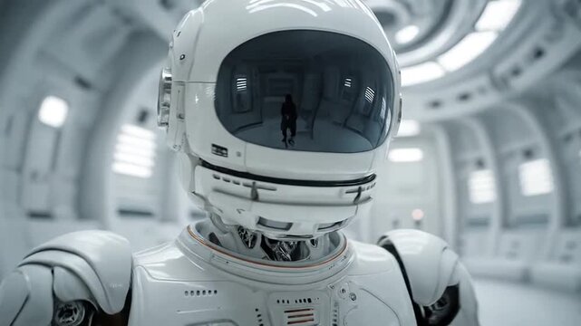 White humanoid robot head in high-tech laboratory.