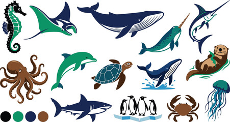 Distinct ocean fauna featuring narwhal swordfish otter penguin seahorse giant whale swimming turtle octopus stingray crab jellyfish shark © MDNUR