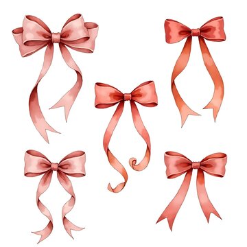 Set of five elegant coral and pink bows with wispy flowing ribbons for embellishment.