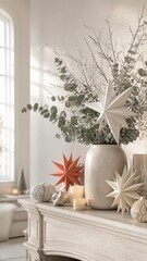 Obraz premium Elegant neutral Christmas mantel with stars, candles and eucalyptus