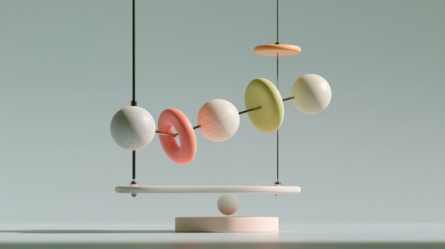 Modern pastel colored kinetic balance sculpture with mixed round and ring shapes hanging on metal rods, representing balance and stability in abstract art.