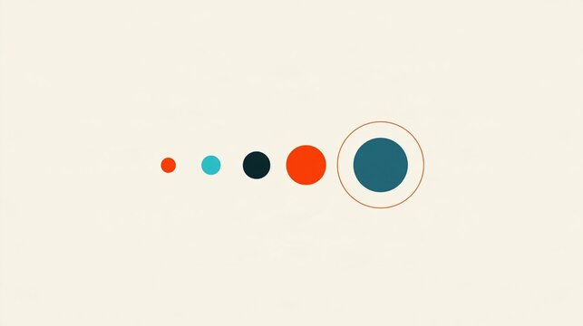 Minimalist abstract graphic with five increasing size colored circles arranged in a straight line on light beige background showing growth concept.