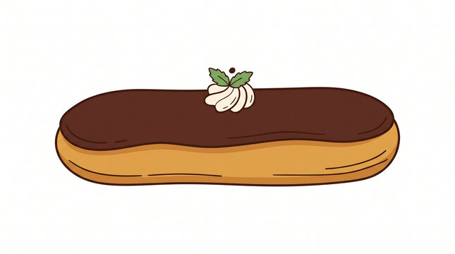 Chocolate eclair pastry illustration with whipped cream and mint leaves isolated on white background