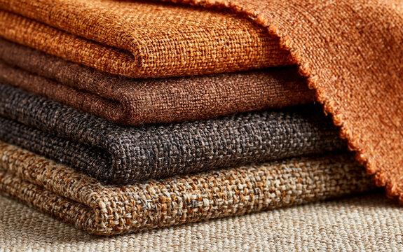 Textile design and interior decor, stack of rustic orange and brown fabric swatches with textured weave pattern for fashion and upholstery projects