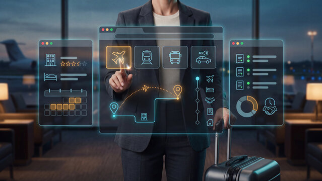 Corporate travel management, business trip planning, hotel reservation and flight ticket booking workflow.