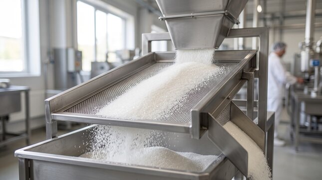 Refined white granulated sugar sifting through stainless steel vibrating mesh screen in modern food processing factory conveying industrial production