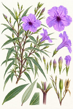 Ruellia simplex watercolor botanical illustration