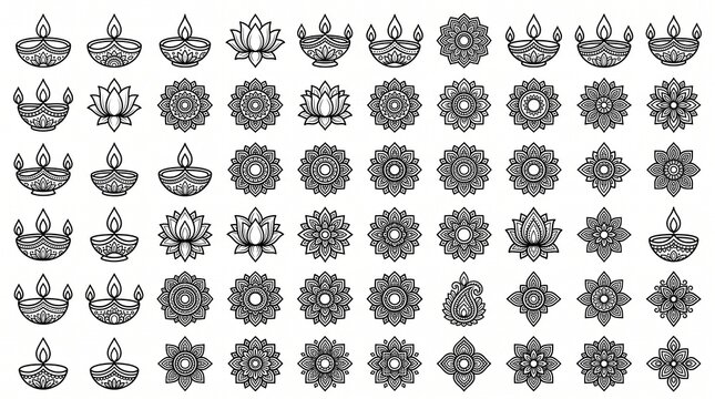Elegant decorative mandala and festive lamp icon collection featuring intricate floral patterns, traditional ornamental designs, celebration motifs, detailed monochrome vector artwork.