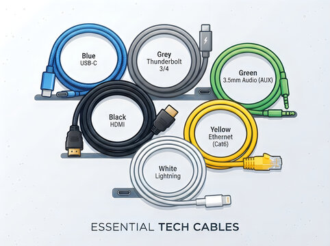 Colorful essential tech cables illustration