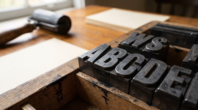 Vintage printing setup with wooden type letters and ink roller on wooden table. Vintage printing tools create unique text designs on paper for creative projects.