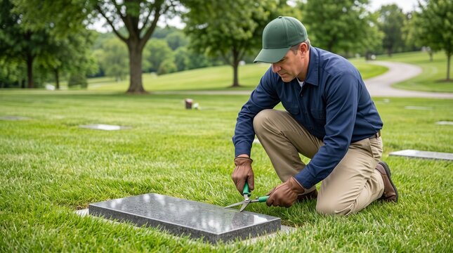 Male groundskeeper kneeling to trim grass edges around flat granite gravestone with hand shears representing cemetery landscaping upkeep