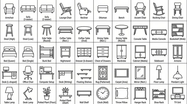 Comprehensive furniture and interior design icon collection featuring sofas, chairs, tables, beds, cabinets, lighting, d&eacute;cor accessories, architectural floor plan symbols.