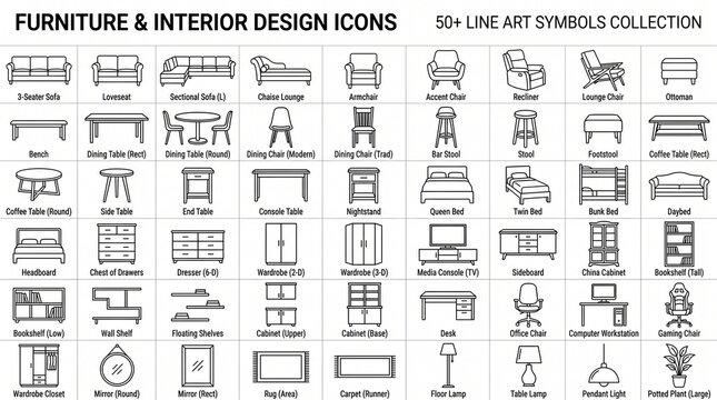 Comprehensive furniture and interior design icon collection featuring sofas, chairs, tables, beds, cabinets, lighting, d&eacute;cor accessories, architectural floor plan symbols.