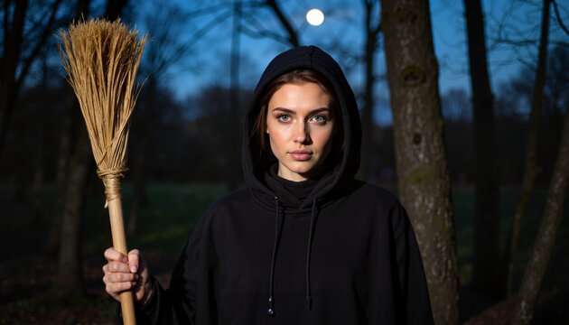 Intense woman holding broom in dark forest at dusk, magical atmosphere