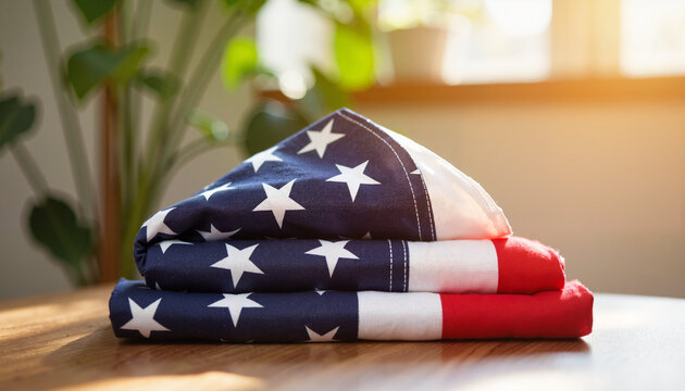 American flag meticulously folded on wooden table, symbol of patriotism