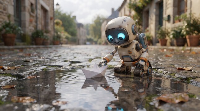 Cute small vintage robot playing with a paper boat in a water puddle on wet cobblestone street