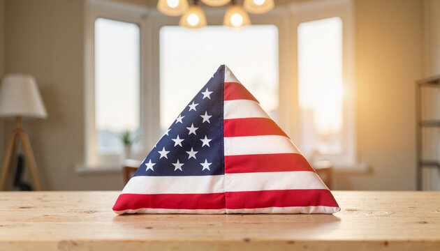 Triangle-folded American flag displayed in tranquil room, patriotic respect