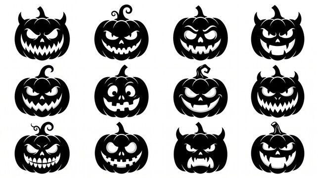 Spooky Halloween pumpkin icon collection featuring mischievous jack-o&rsquo;-lantern faces, devil horns, carved expressions, gothic silhouettes, festive horror theme, monochrome vector.