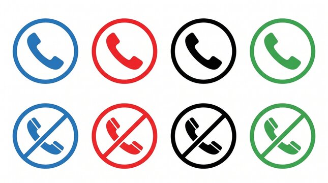 Modern phone call status icon collection featuring incoming, outgoing, missed, declined, silent, and callback symbols, colorful communication interface, clean vector design.