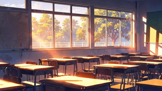 Empty classroom with desks at sunset in anime style illustration