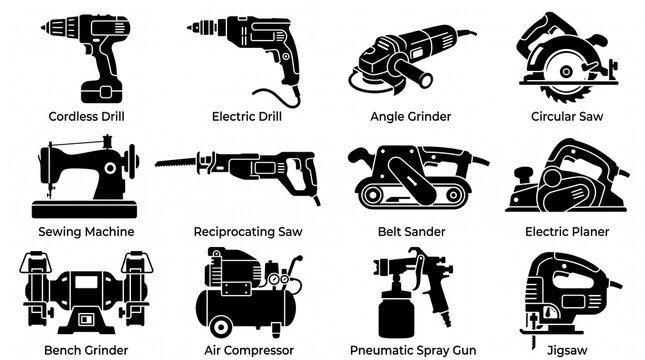 Professional power tool icon collection featuring drills, grinders, saws, sanders, compressors, and workshop equipment, detailed industrial silhouettes, clean vector design.