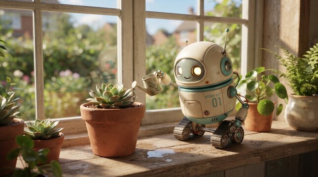 Cute small robot watering potted succulent plant on wooden windowsill in sunny room