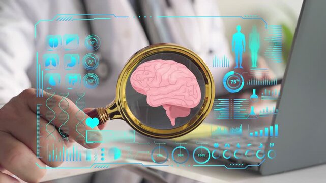 Hand holds magnifying glass over glowing brain. Digital interface surrounds brain with medical icons. Scientist examines neural data on futuristic screen