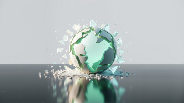 Globe shattering into fragments. Dramatic visual represents fragility, destruction, global issues. Reflective surface adds depth.