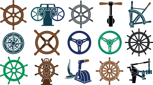 Ship control steering components showing wooden helms engine telegraph lever tiller throttle compass rose and sailboat rudders