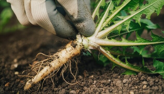 Extreme close-up of a gardener's fingers pulling a dandelion weed from garden soil.