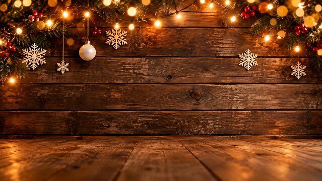 Warm festive background with wooden planks and blurred christmas lights and ornaments
