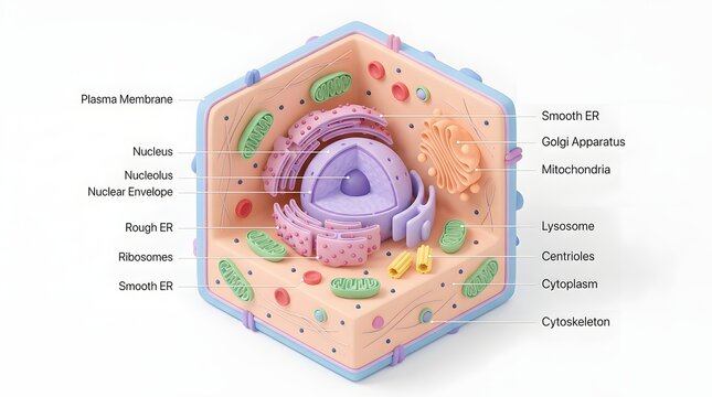 3d cross section of eukaryotic cell structure featuring organelles with labels on white background for educational purposes.